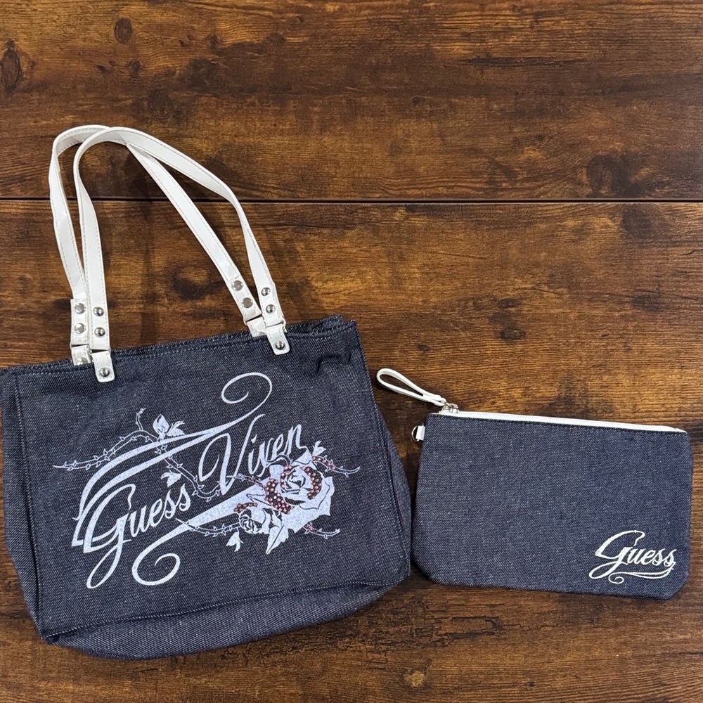 Guess Dark Denim “Guess Vixen” Tote with Pouch